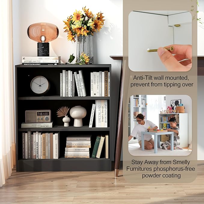 3-Tier Metal Open Shelf Bookcase, Bookcase with Adjustable Shelves, Floor Standing Book Shelf, Freestanding Display Storage Shelves, Curio Cabint Display Case for Small Places/Living Room/Corner-CasaMuseHome