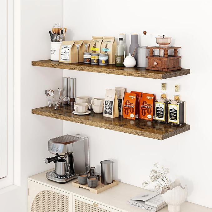 48" Floating Shelves for Wall, 12" Deep Slim Rustic Brown Floating Shelves, Wall-Mounted Shelves for Bedroom, Living Room, Kitchen, Bathroom - Set of 2-CasaMuseHome