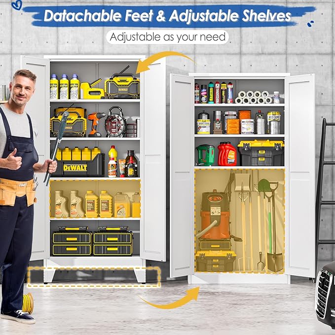 71" Tall Metal Storage Cabinet with 2 Doors and 4 Adjustable Shelves, Kitchen Pantry Cabinet White Freestanding Cupboard, 5 Tier Multifunctional Steel Storage for Office, Kitchen, Dining Room-CasaMuseHome