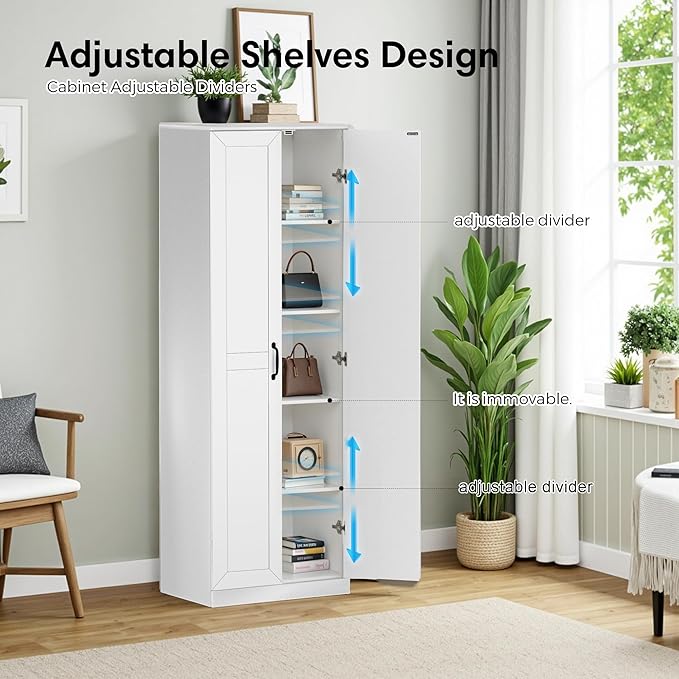 71" Tall Pantry Cabinet/Storage Cabinet, Wood Cupboard with 2 Door and 3 Adjustable Shelves for Kitchen, Dining Room, Living Room, Bathroom (Style 2)-CasaMuseHome