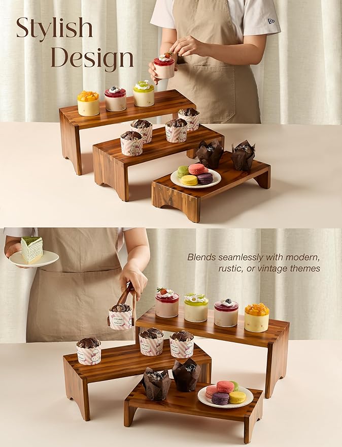 Acacia Wood Risers Display Stands Set of 3 - Wooden 3 Tier Cupcake Stand - 3 Tiered Riser for Vendors - Decorative Display Risers for Food Desserts Stand, Perfume, Funko POP at Party Wedding-CasaMuseHome