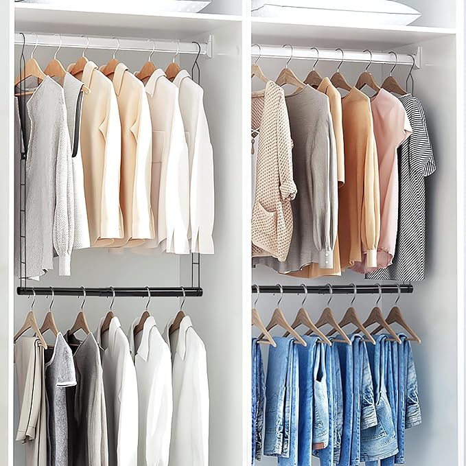 STORAGE MANIAC Hanging Closet Rod, Adjustable Width and Height Closet Hanging Organizer, Space-Saving Clothes Hanging Bar, Closet Extender Hanging Rod Double Closet Hanging Rod, 2 Pack Black-CasaMuseHome