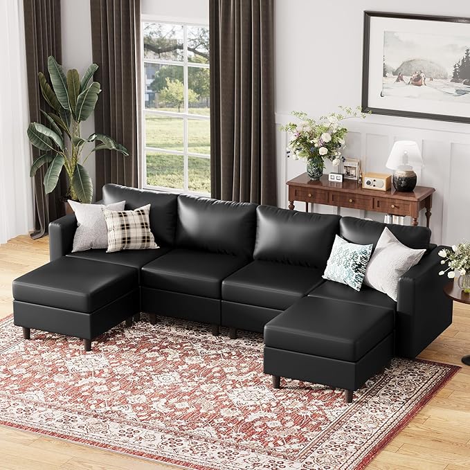 118.5" Oversized Modular Sectional Sofa, Faux Leather 6 Seater U Shaped Couch with Movable Ottoman and Storage Seat with Reversible Chaise Deep Seat for Living Room Black-CasaMuseHome