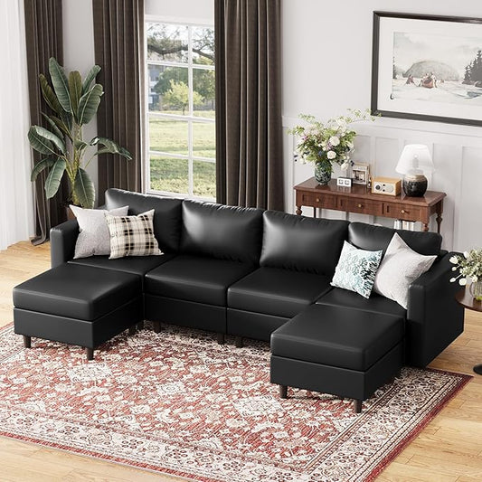 118.5" Oversized Modular Sectional Sofa, Faux Leather 6 Seater U Shaped Couch with Movable Ottoman and Storage Seat with Reversible Chaise Deep Seat for Living Room Black-CasaMuseHome