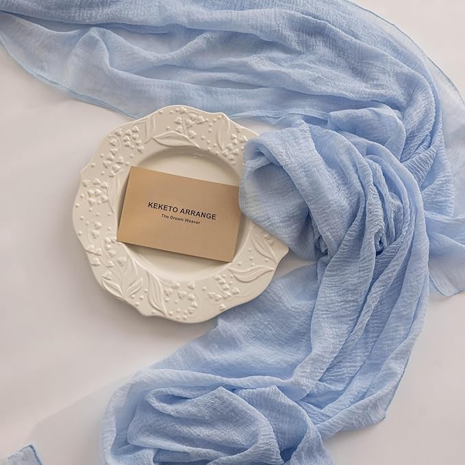 3pcs Light Blue Gauze Rustic Cheesecloth Table Runner 120 Inch 10 FT for Wedding Baby Shower Bridal Shower Birthday Engagement Garden Outdoor Party Long Sheer Boho Decorations-CasaMuseHome