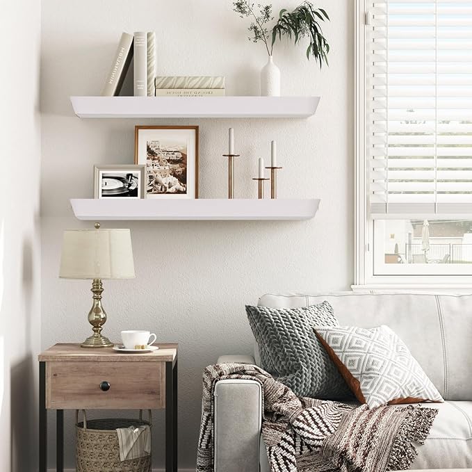 24"x6.8"x1.6" Slanted Floating Wall Shelves 2-Pack - Rustic White Finish, Heavy-Duty Solid Wood Design with Hidden Brackets - Perfect for Living Room, Kitchen, Bathroom, or Office-CasaMuseHome