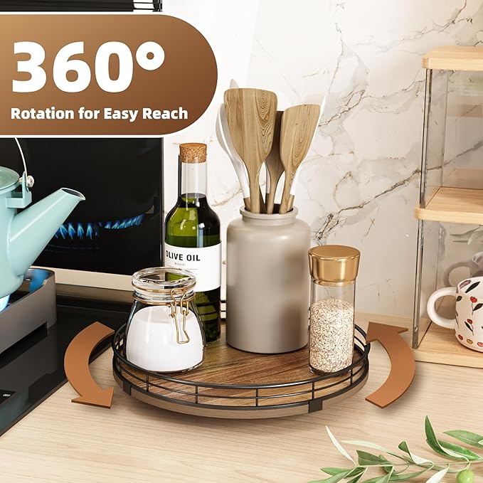 Acacia Wood 10" Lazy Susan Turntable Organizer for Table Top, Farmhouse Round Wooden Lazy Susan for Cabinet Kitchen Centerpieces Coffee Table, for Condiments Spices, Bathroom Vanity Tray Decor-CasaMuseHome