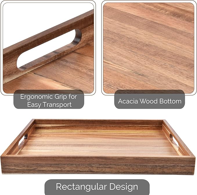 Acacia Wood Serving Tray with Handles Set of 2 – Decorative Serving Trays Platter for Breakfast in Bed, Lunch, Dinner, Patio, Ottoman, Coffee Table, BBQ, Party –Great for Lap &Couch-CasaMuseHome