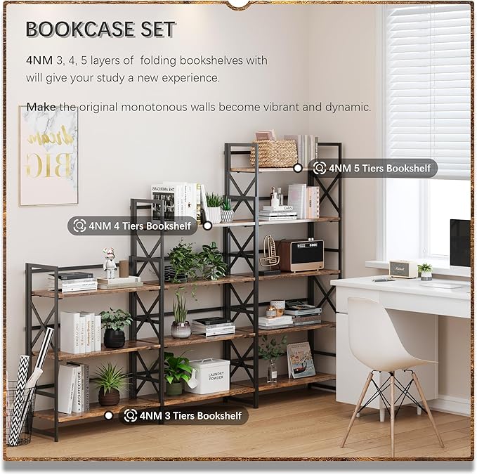 4NM 4 Tiers No Assembly Book Shelves, 41.3" H Folding Bookshelf Bookcase Open Industrial Foldable Shelves for Bedroom, Living Room, Home Office - Rustic Brown Black-CasaMuseHome