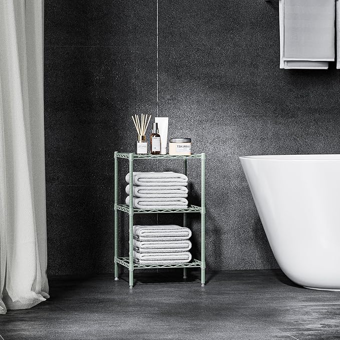 750 lbs 3-Shelf Storage Shelves Wire Shelving Unit Standing Metal Rack for Small Places Narrow Wire Rack for Bathroom, Green 13.8 D x 13.8" W x 25.5" H-CasaMuseHome