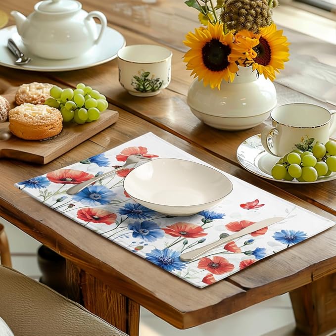 4th of July Floral Placemats Set of 4 Patriotic Summer Red Blue Flowers Linen Fabric Table Mats America Memorial Day Independence Day Place Mats for Party Kitchen Dining Decoration-CasaMuseHome