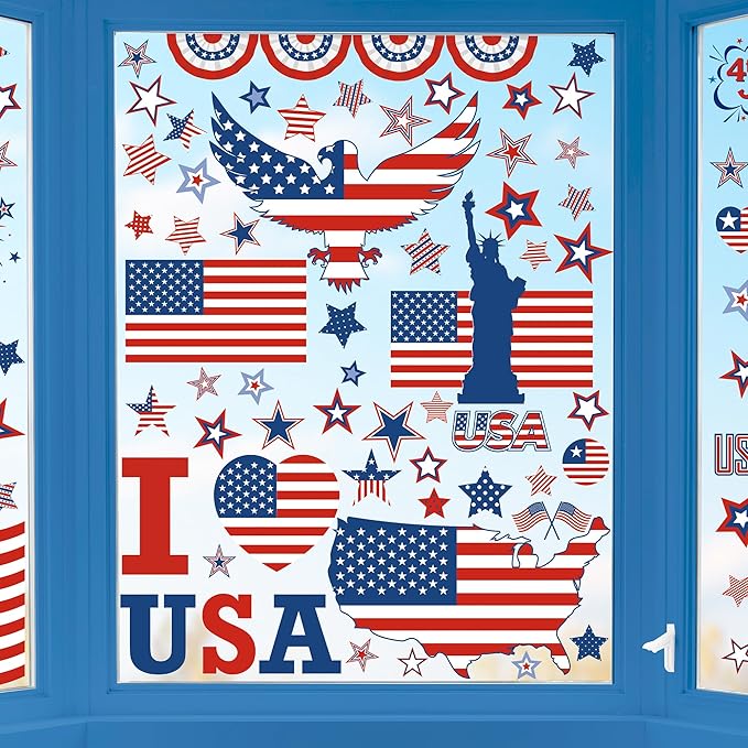 158 Pcs 4th of July Window Clings, 9 Sheets Patriotic Window Clings Decals, Watercolor Double-Sided American Flag Stars Firework Window Stickers for Independence Day Parade Veterans Memorial Day Decor-CasaMuseHome