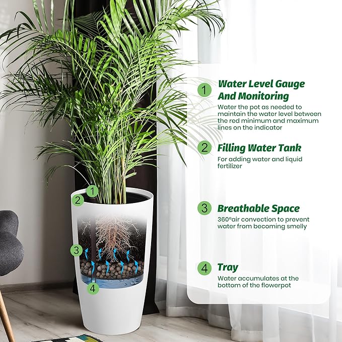 22" Tall Round Planter Set of 2, Self Watering Pots for Indoor Plants, Large Flower Pot Outdoor with Built-in Drainage and a Water Level Monitor, for Patio, Porch, Living Room, or Home Office, White-CasaMuseHome