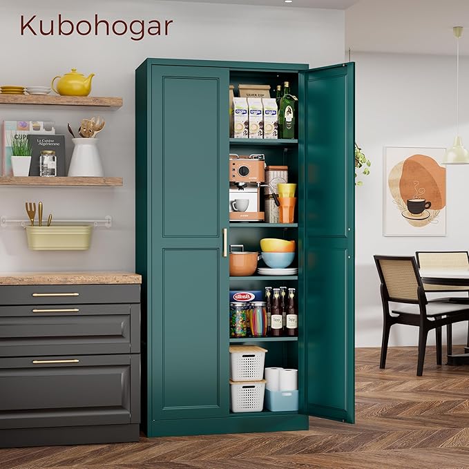 71" Metal Pantry Cabinet, Tall Kitchen Pantry Storage Cabinet with 4 Adjustable Shelves and Gold Handles, Green Cupboard for Kitchen, Dining Room, Living Room-CasaMuseHome