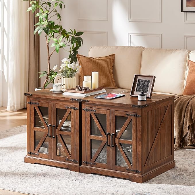 24" End Table with Charging Station, Farmhouse Night Stand with Glass Barn Door, Green Nightstands with Adjustable Storage Shelf, Large Wood Square Bed Side Table for Living Room, Bedroom-CasaMuseHome