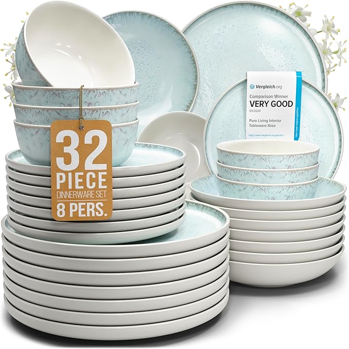 32 Piece Dinnerware Sets for 8 - Modern Style Stoneware Dinnerware Set - Scratch Resistant, Dishwasher Safe Plates and Bowls Sets Ceramic, Dish Set, Bowl and Plate Set - Beige and Blue…-CasaMuseHome