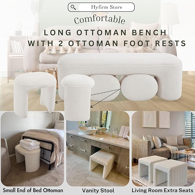 3-Piece 53" Comfy Upholstered Dining Bench with 2 Ottomans, Accent Waterfall Bench Modern End of Bed Entryway Bench Vanity Stool, White Chenille-CasaMuseHome