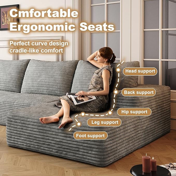 136" Sectional Couches for Living Room Modern Modular Sofa with L-Shape Couchs Upholstered Boneless Couch Deep Seat Sectional Couch with Chaise (Grey, Right Facing Chaise+3Seaters)-CasaMuseHome