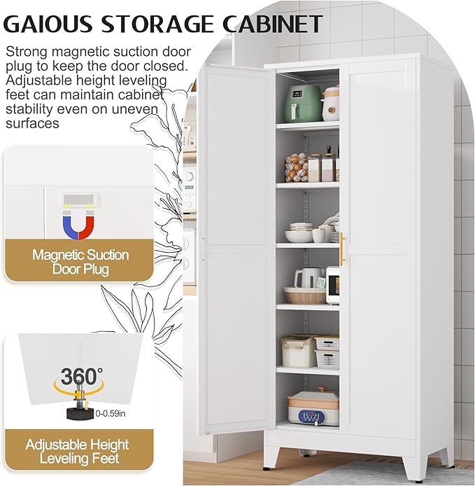 75.2" Tall Pantry Cabinet, Kitchen Pantry Storage Cabinets with 2 Door and 5 Adjustable Shelves, White Metal Pantry Storage Cabinet, Cupboard for Kitchen, Dining Room, Living Room and Bathroom-CasaMuseHome