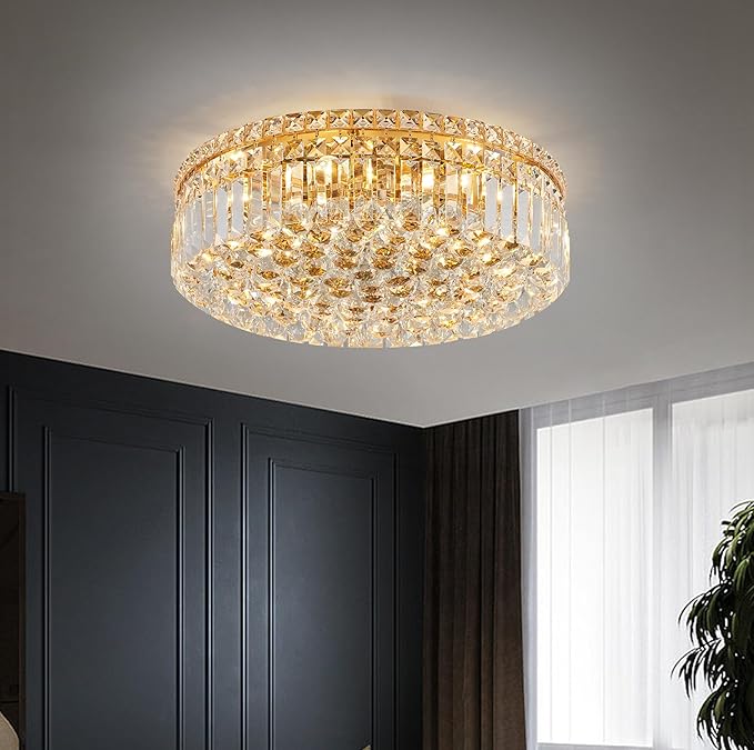 6-Lights Gold Crystal Flush Mount Chandelier Light Fixture K9 Crystals Modern Ceiling Lights Elegant Pendant Lamp for Bedroom,Hallway,Bar,Living Room,Dining Room,H5.9 xW20 (Bulbs Not Included)-CasaMuseHome