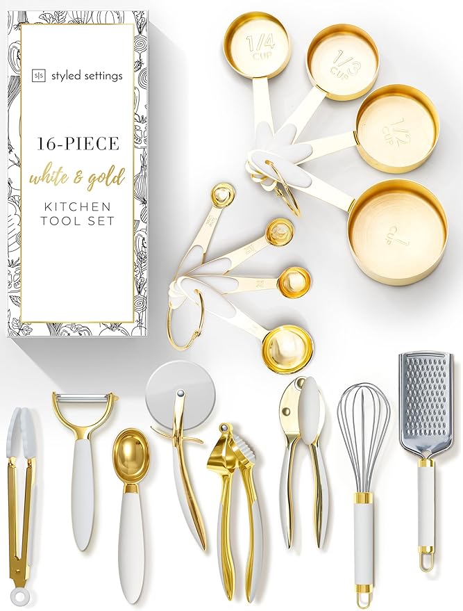 Styled Settings White and Gold Kitchen Utensils Set – 16-Piece Silicone Cooking Utensils with Measuring Cups and Spoons-CasaMuseHome