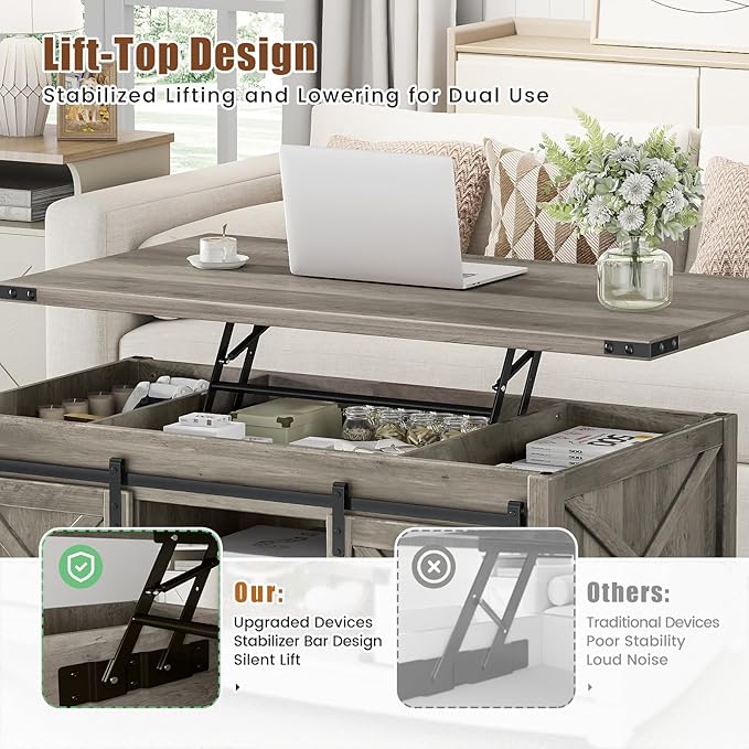 48" Farmhouse Lift Top Coffee Table with Storage Sliding Barn Door & Large Hidden Compartment, Coffee Table with Lifting Top with Wooden Lift Tabletop, Coffee Tables for Living Room, Grey-CasaMuseHome