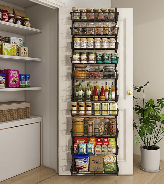 10-Tier Over The Door Pantry Organizer, Pantry Organization and Storage, Black Metal Hanging Adjustable Basket, Wall Spice Rack Seasoning Shelves, Home & Kitchen Essentials-CasaMuseHome