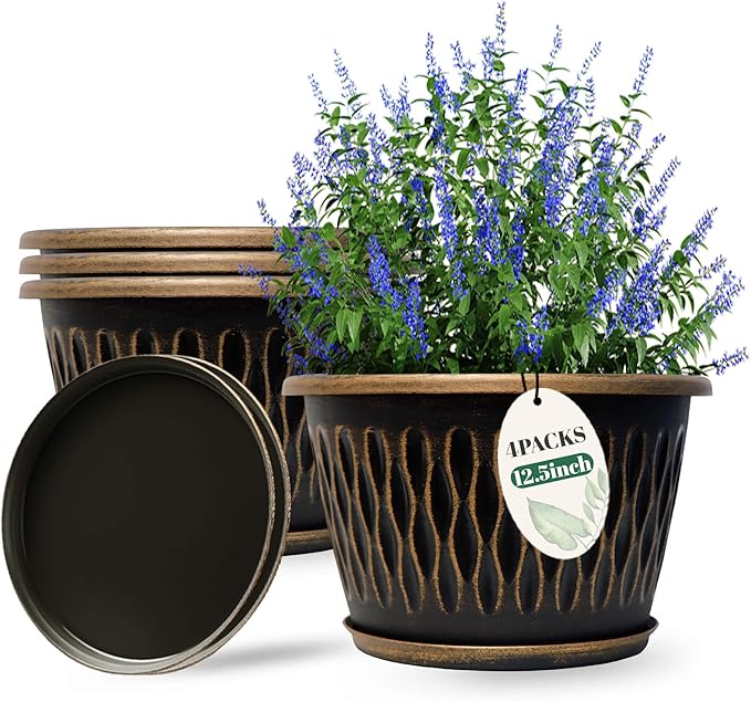 4 Pack 12 Inch Retro Plant Pots, Vintage Striped Flower Pots with Drainage Hole & Saucer, Large Plastic Planters for Indoor and Outdoor Plants, Decorative Garden Pots(Gold)-CasaMuseHome