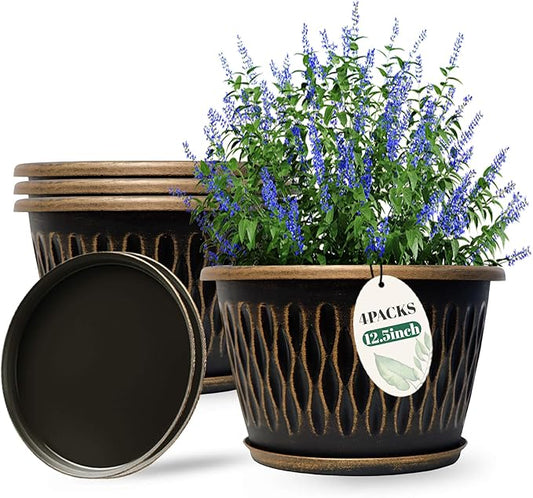 4 Pack 12 Inch Retro Plant Pots, Vintage Striped Flower Pots with Drainage Hole & Saucer, Large Plastic Planters for Indoor and Outdoor Plants, Decorative Garden Pots(Gold)-CasaMuseHome