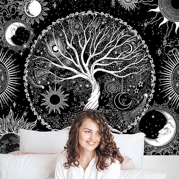 AACKart Tree of Life Tapestry for Bedroom Aesthetic Room Decor-Black and White Spiritual Tree Tapestry Wall Hanging with Sun Moon Star 59.1 x 51.2 inches-CasaMuseHome