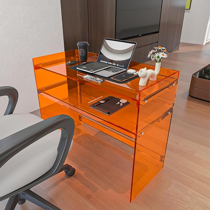 Acrylic Desk with Retaining Edge, Orange Acrylic Table, Console Table for Office, Study, Bedroom, Entrance Decor (17.7" D x 39.4" W x 31.5" H, Orange)-CasaMuseHome