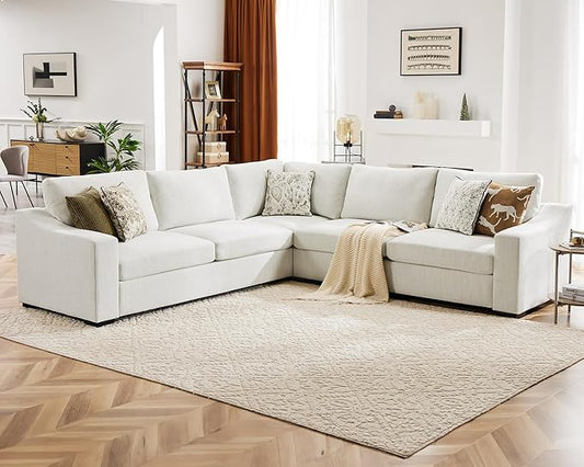 112" L Shaped Sectional Sofa with Detachable Sofa Cover, Reversible Sectional Modular Couch for Living Room, Linen Fabric Corner Couch with 7 Seats, Ivory-CasaMuseHome