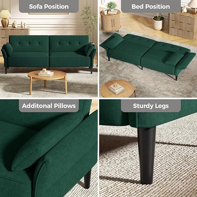 89” Futon Sofa Bed, Velvet Fabric Comfy Futon Couch Bed with 2 Square Pillows, Convertible Sleeper Sofa with Adjustable Backrest& Armrests, Modern Loveseat Sleeper for Living Room, Bedroom-CasaMuseHome