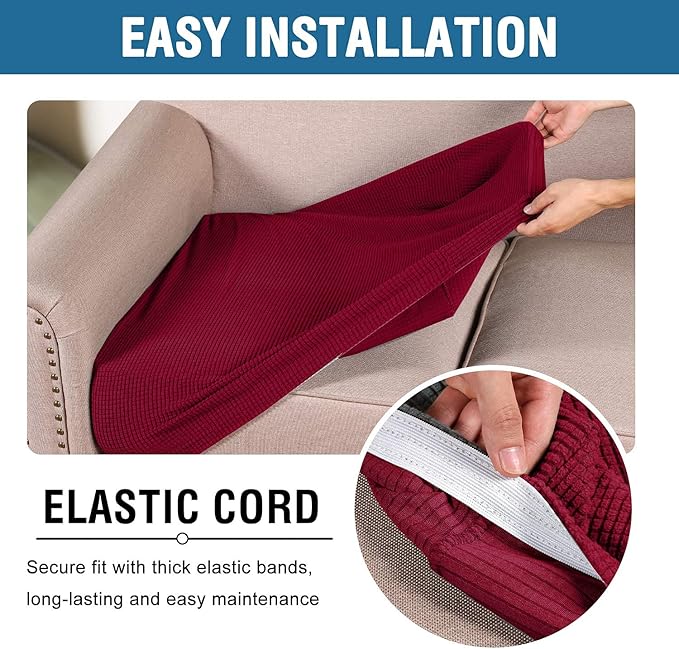 H.VERSAILTEX Super Stretch Individual Seat Cushion Covers Sofa Covers Couch Cushion Covers Slipcover Sets Thick Jacquard Textured Twill Fabric (2 Piece Large Sofa Cushion Covers, Burgundy Red)-CasaMuseHome