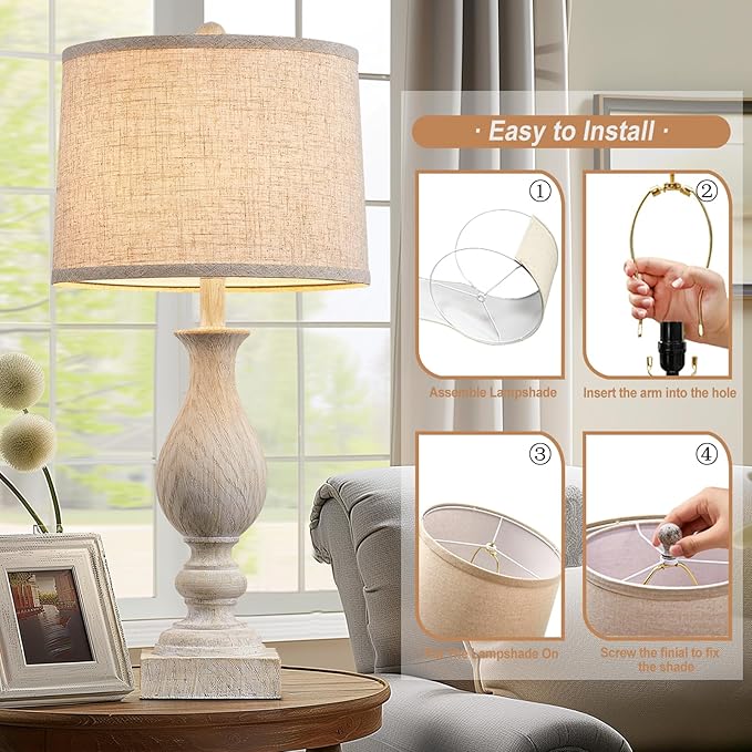 28'' Tall Farmhouse Table Lamps for Living Room, Bedroom Lamps Set of 2 with USB C+A Charging Ports, Rustic Farmhouse Nightstand Lamps for Bedside, Traditional Side Table Lamp with Fabric Shade-CasaMuseHome