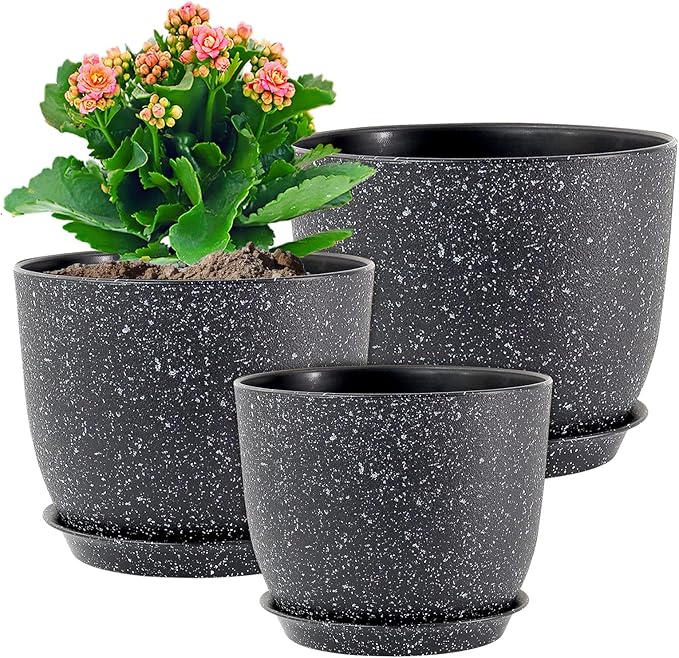 9/8/7.5 inch Plant Pots, Set of 3 Modern Decorative Plastic Planters with Drainage Holes and Saucer for Garden House Plants, Flower Pots for Indoor Outdoor Plants, Speckled Black-CasaMuseHome
