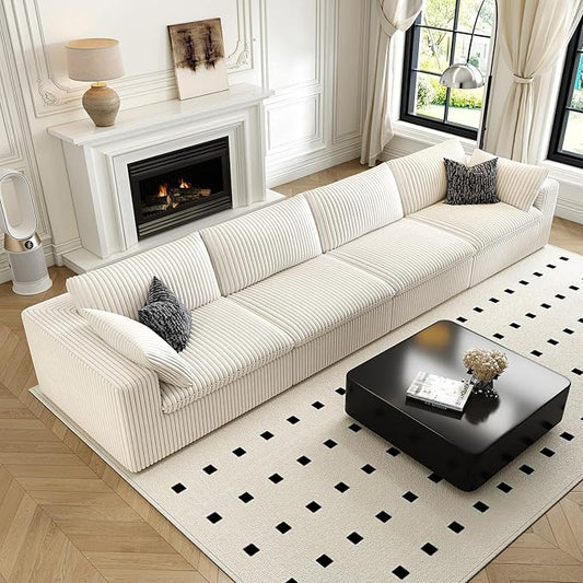 157.5" Cloud Couch Modular Sectional Sofa for Living Room,Modern Sofa with Deep Seat，4 Seater Boneless Couch,Comfy Upholstered Corduroy Couches for Apartment, Studio, Office,Bedroom，White-CasaMuseHome