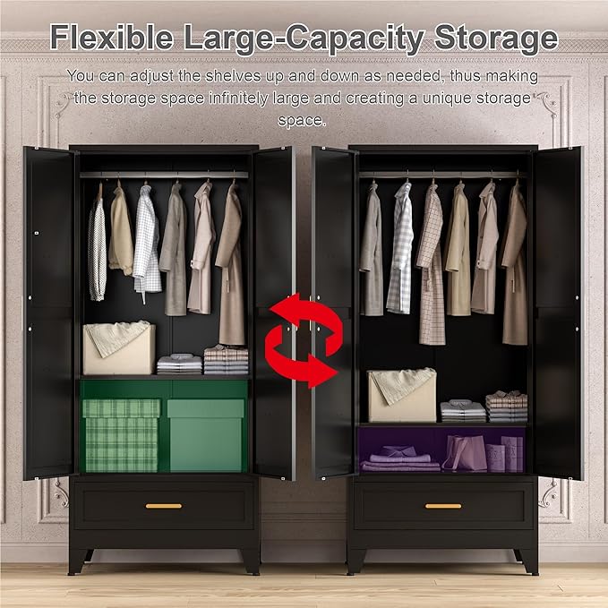 71'' Black Farmhouse Metal Wardrobe Cabinet with Hanging Rod, 2 Barn Door Wardrobe Closet with Adjustable Shelves,Drawer,for Dining Room,Bedroom,Living Room, Cloak Room,Office-CasaMuseHome