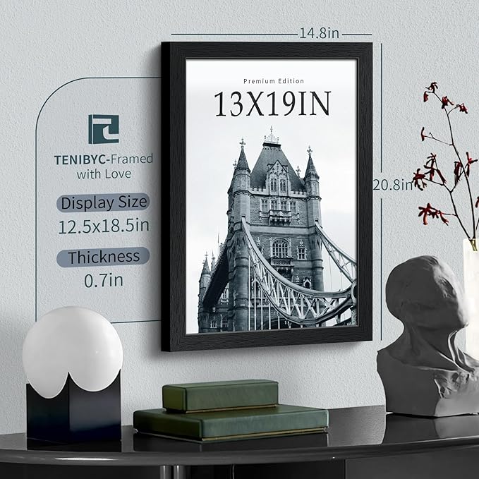 13x19 Picture Frame 3 pk, Textured Black Solid Wood Poster Frame, HD Tempered Glass, Wall Gallery Frame-CasaMuseHome