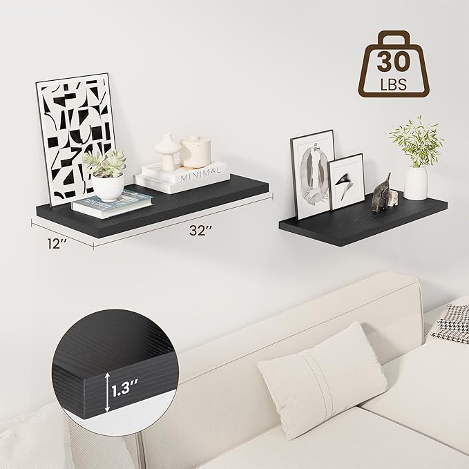 30" Floating Shelves for Wall, 12" Deep Slim Black Floating Shelves, Wall-Mounted Shelves for Bedroom, Living Room, Kitchen, Bathroom - Set of 2-CasaMuseHome