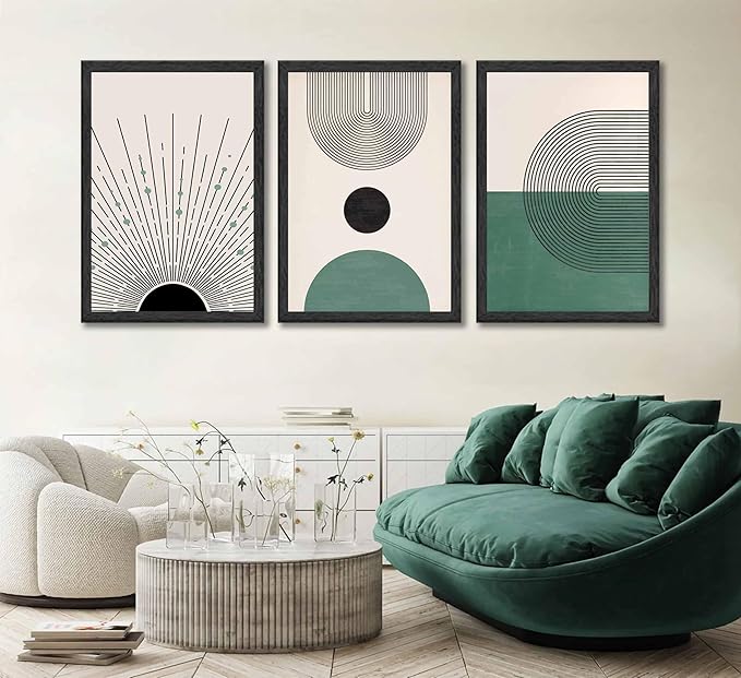 3 Pcs Sage Green Boho Canvas Wall Art Modern Abstract Minimalist Neutral Bohemian Sun Geometric Line Painting Picture Wall Decor Poster Print Artwork for Living Room Bedroom Home Decoration Unframed-CasaMuseHome