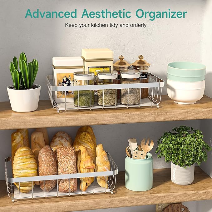 2 Tier Fruit Basket for Kitchen Counter with 2 Banana Hangers, 2025 Pro Detachable Metal Fruit Bowl with Wooden Handle,Fruit Holder for Bread Snack Veggies, Silvery-CasaMuseHome