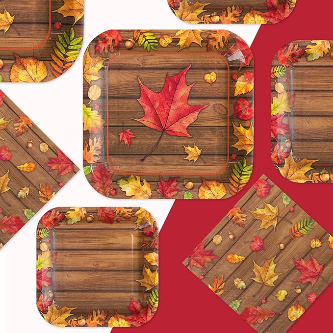 200Pcs Fall Party Decorations Watercolor Autumn Maple Leaves Paper Plates and Napkins Thanksgiving Wooden Grain Tableware Sets for Holiday Harvest Birthday Wedding Dinner Party Supplies Serves 50-CasaMuseHome