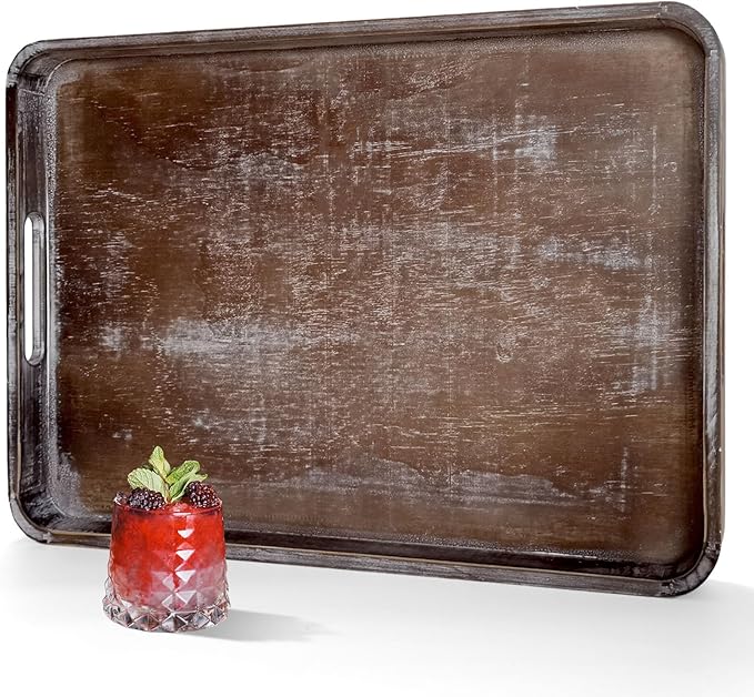 22 Inch Rustic Wood Serving Tray with Handles, Large Rectangular Wooden Ottoman Tray, Beautiful Home Décor for Living Room Coffee Table Couch, Ideal for Serving Food Breakfast BBQ Parties-CasaMuseHome