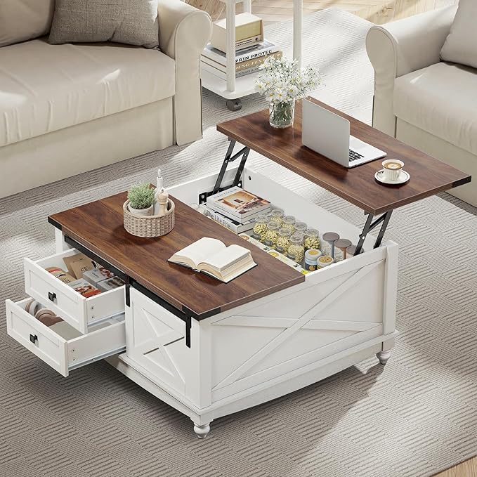 31.5" Lift Top Coffee Table with Storage, Farmhouse Coffee Tables for Living Room, Square Coffee Table with Large Hidden Storage Compartment, 2 Drawers & Removable Shelves, White-CasaMuseHome