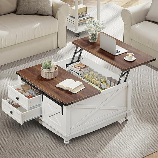 31.5" Lift Top Coffee Table with Storage, Farmhouse Coffee Tables for Living Room, Square Coffee Table with Large Hidden Storage Compartment, 2 Drawers & Removable Shelves, White-CasaMuseHome