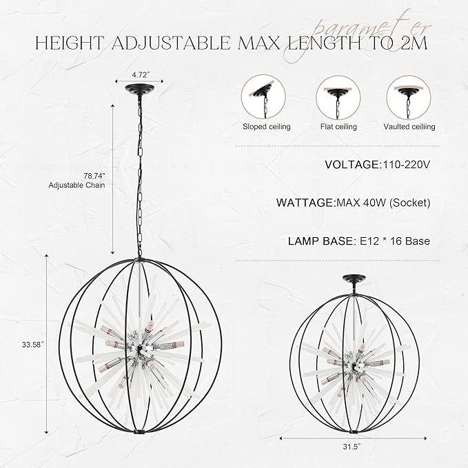 31.5" Black Chrome 16-Light Globe Sputnik Chandelier Modern Adjustable Hanging Ceiling Glass Tube Pendant Light Fixture for Entryway Foyer Stairway Dining Living Room Hallway-CasaMuseHome