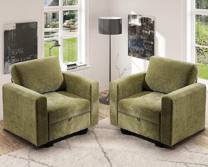 38.5 Oversized Accent Chair with Storage Green Corduroy Set of 2, Single Modern Accent Sofa Chair with Arms for Apartment Living Room (21" Deep Seat)-CasaMuseHome