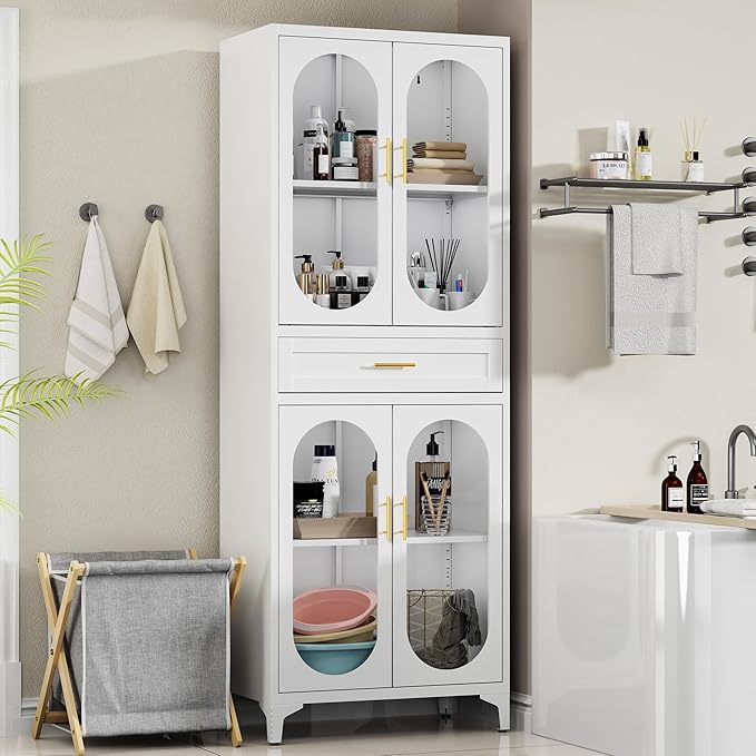 75” Tall Kitchen Pantry Storage Cabinet, Metal Storage Cabinet with 1 Drawer and Adjustable Shelves, Kitchen Pantry Cupboard, Freestanding Cupboard for Bathroom (White-4 Doors and 1 Drawer)-CasaMuseHome