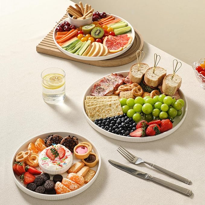 3 Packs Serving Platters, Large Serving Tray, Round Platters for Serving Food, Food Tray for Veggie Fruit Snack Dessert Cheese, White Ceramic Serving Trays for Party, Entertaining, 12.8”/10.8”/8.8”-CasaMuseHome